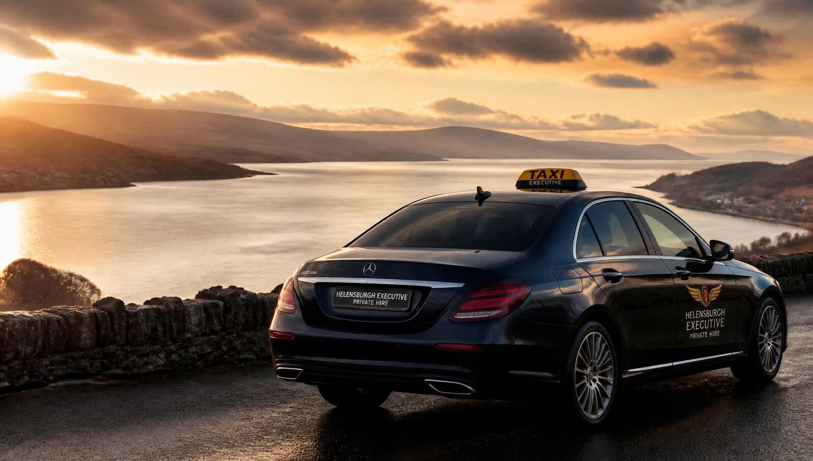 Premium taxi on a scenic road near Loch Lomond